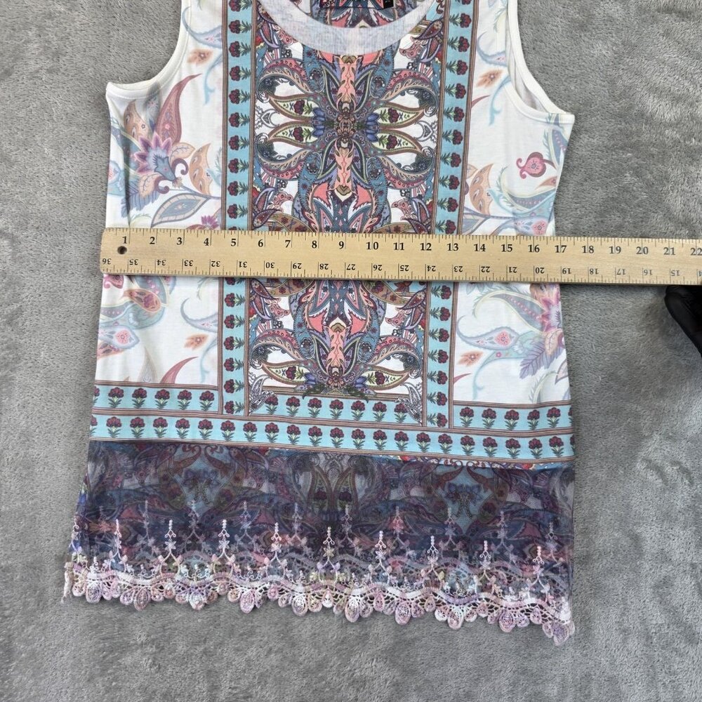 Origami Tank Top Womens Medium Multicolor Boho Paisley Sheer Lace Hem Sleeveless - Picture 3 of 9